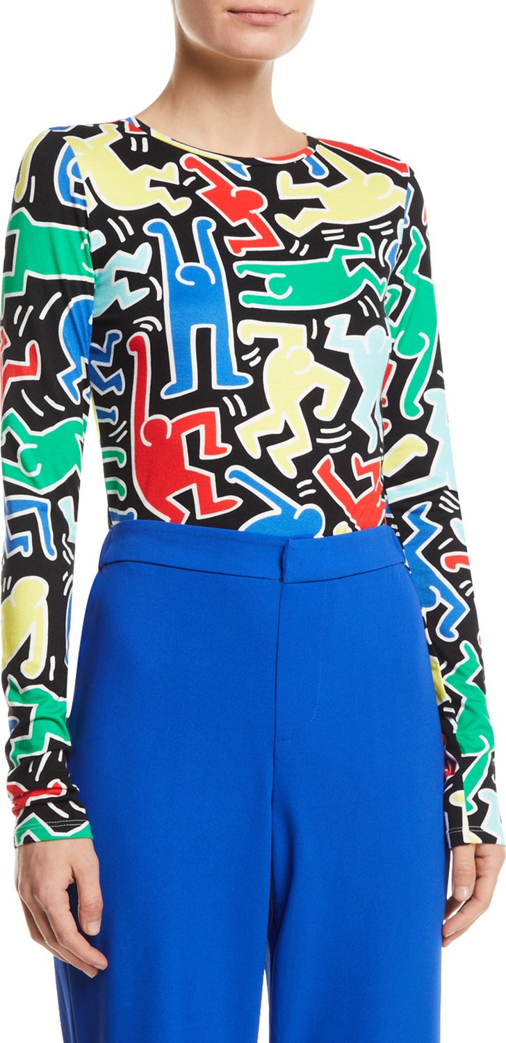 Alice + Olivia Keith Haring x Alice + Olivia Delaina Long-Sleeve Crewneck Crop Top