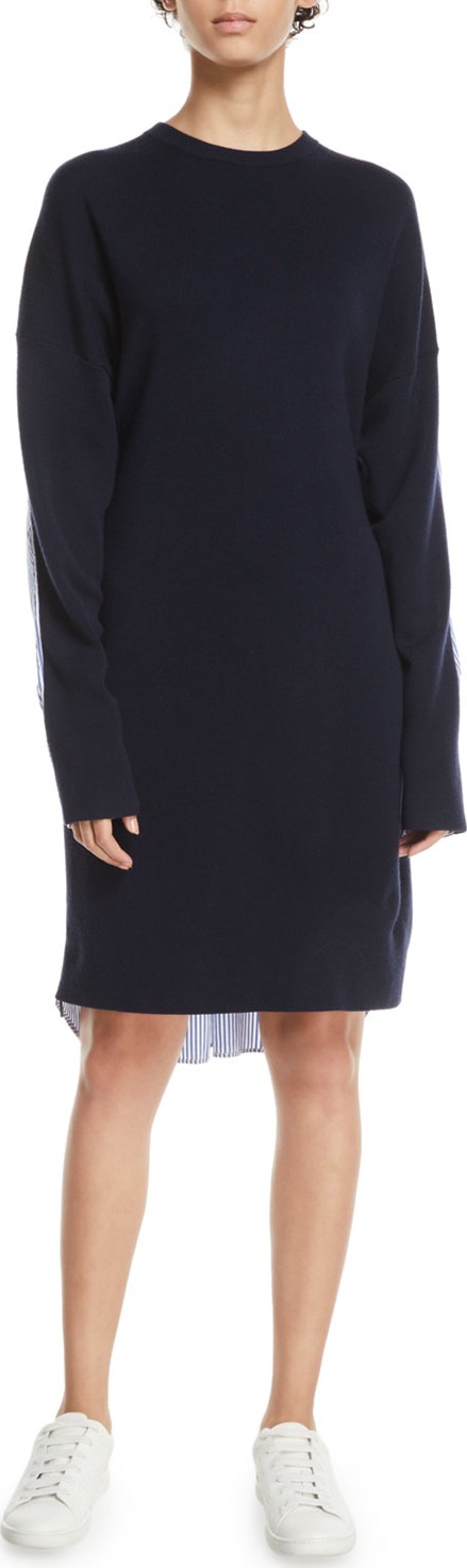 Tibi Crewneck Merino Wool Sweaterdress with Men's Shirt Combo
