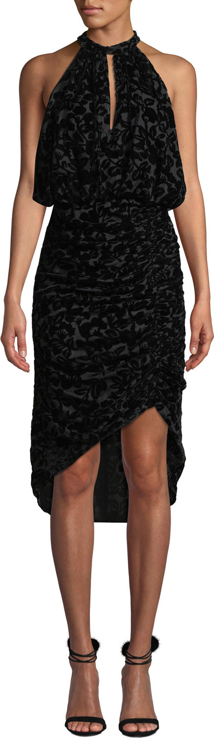 ML Monique Lhuillier Velvet Burnout Halter Dress w/ Ruching