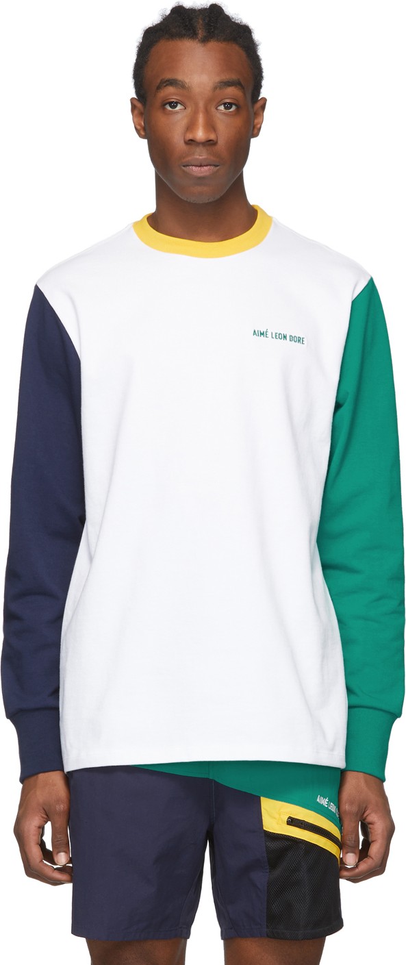 Aimé Leon Dore White & Green Colorblocked Long Sleeve T-Shirt
