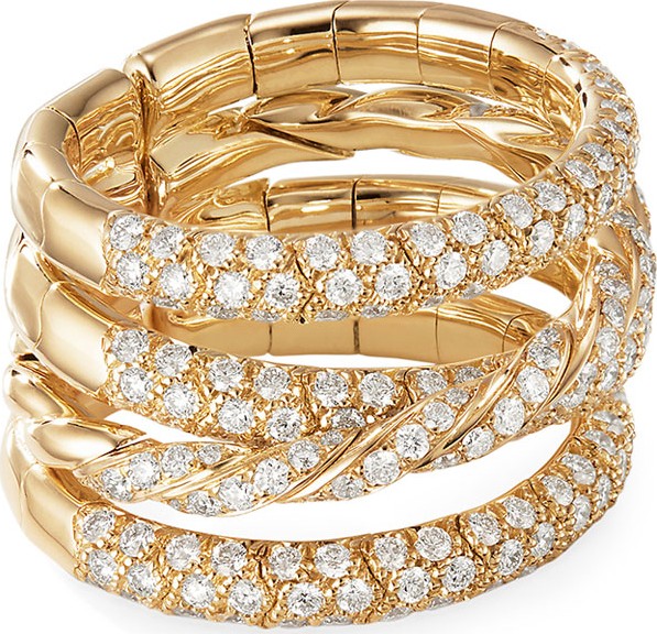 David Yurman 18k Gold Pave Flex Four-Row Diamond Ring, Size 4.5-5.5