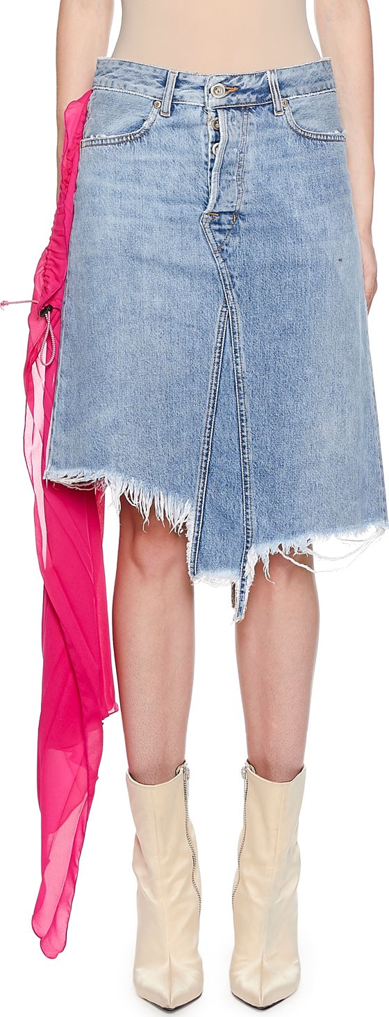 Unravel Raw-Trim Denim Skirt with Pleated Chiffon Scarf Detail