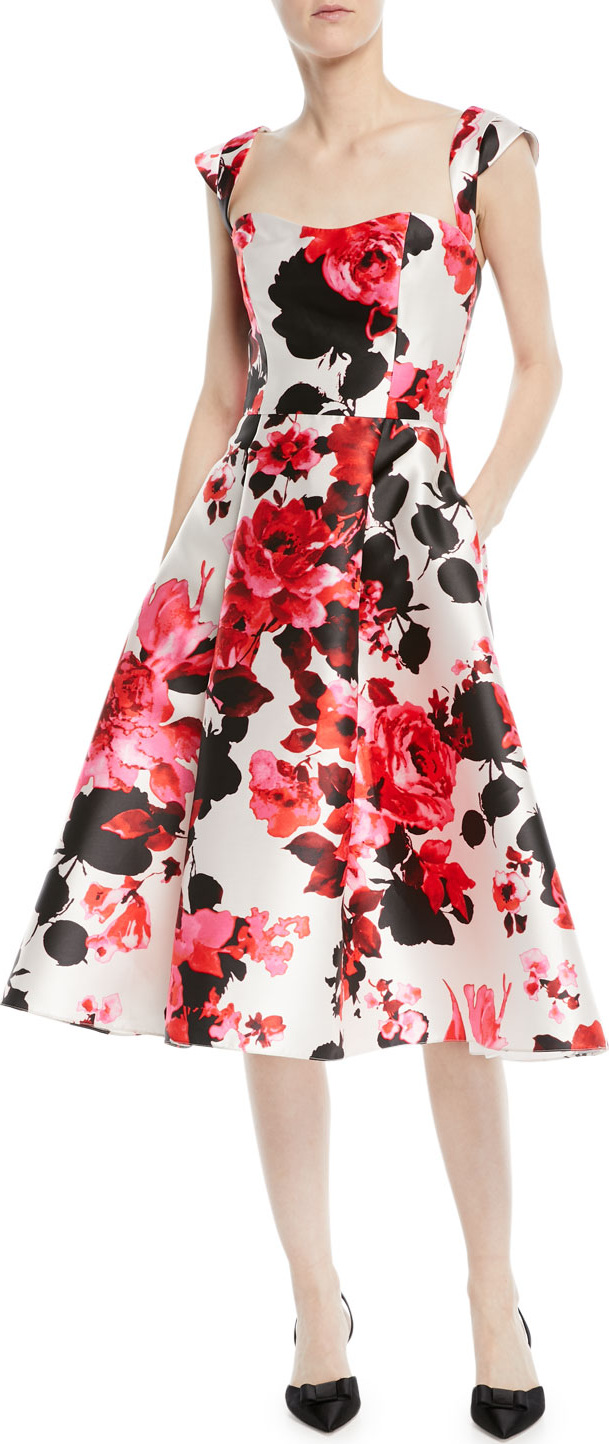 David Meister Fit-&-Flare Floral-Print Tea-Length Dress