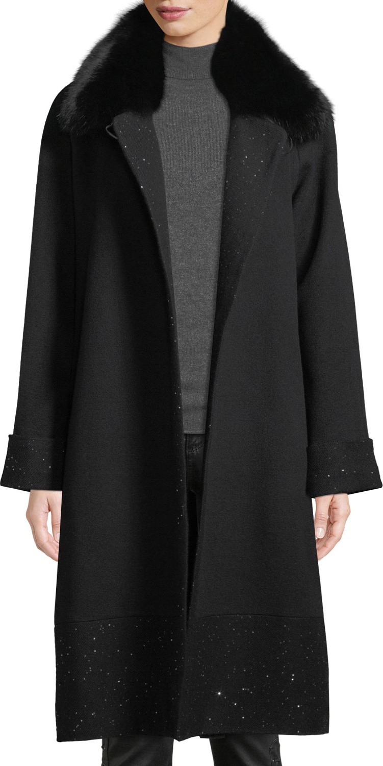 Sofia Cashmere Long Sequin Coat w/ Fur Collar