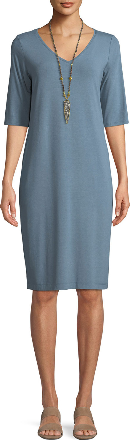 Eileen Fisher V-Neck Half-Sleeve Jersey Dress