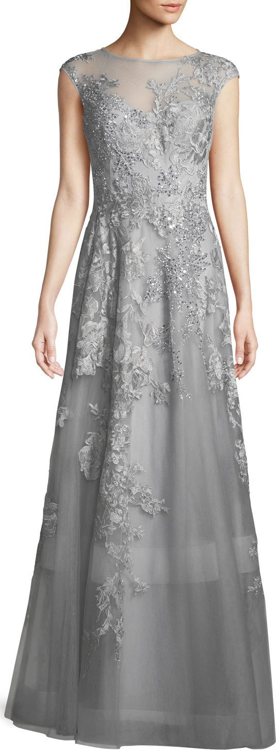 Rickie Freeman for Teri Jon Tulle Illusion Gown w/ Crystal & Lace Embroidery