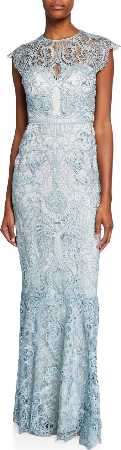 Catherine Deane Miracle Scallop Lace Cap-Sleeve Gown with Open-Back