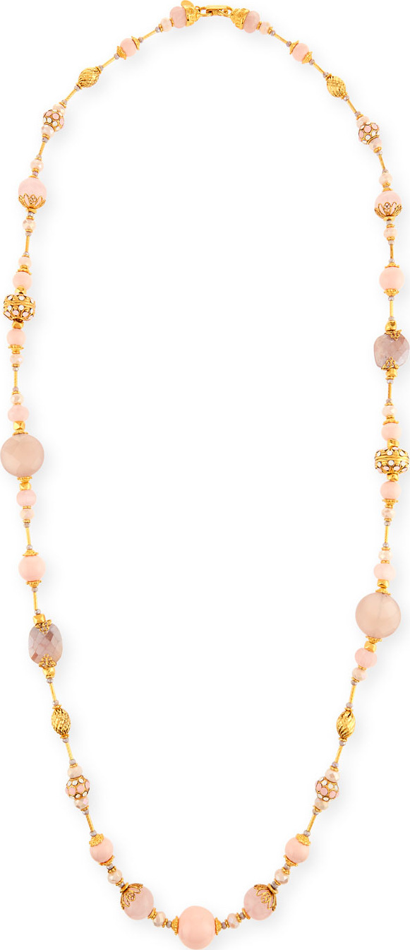 Jose & Maria Barrera Mixed Rose Quartz & Crystal Pave Long Beaded Necklace