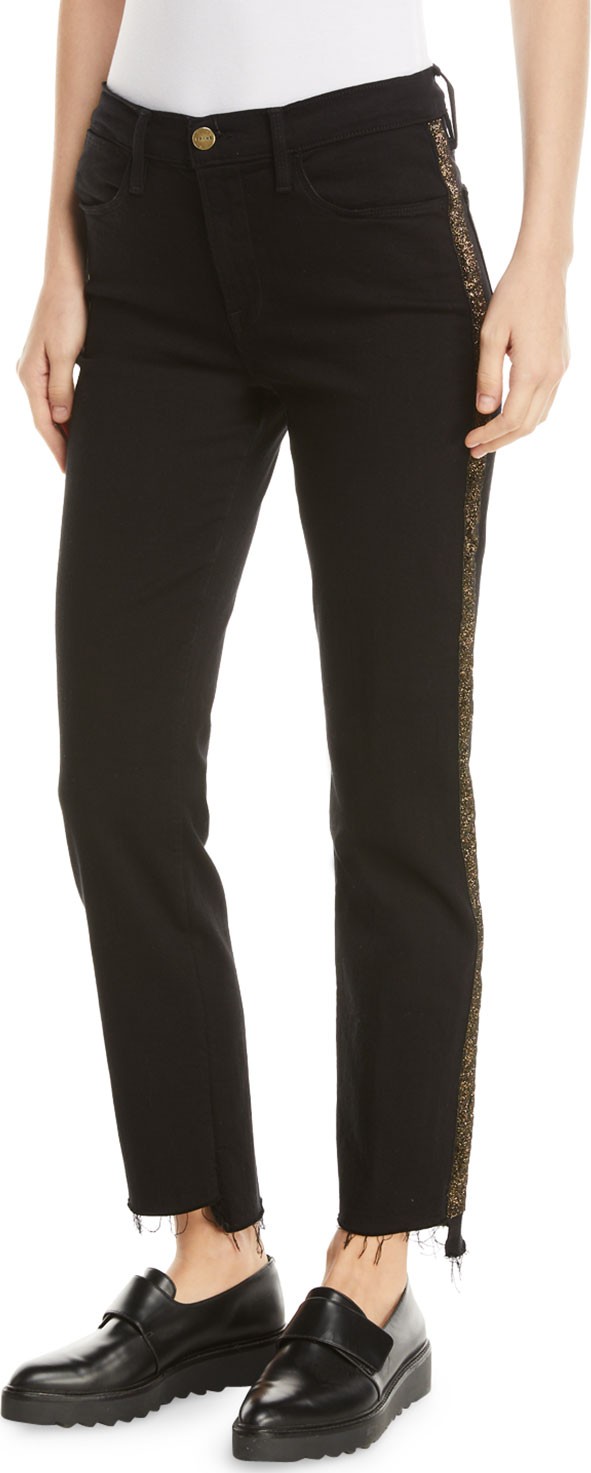FRAME DENIM Le High Straight Stagger-Hem Jeans with Velvet Stripes
