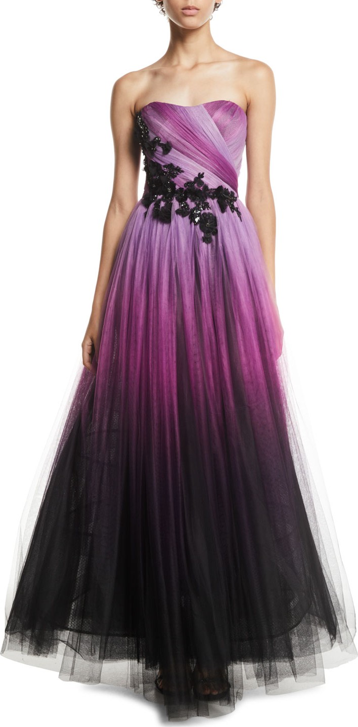 Pamella Roland Floral-Beaded Strapless Ombre-Tulle Gown