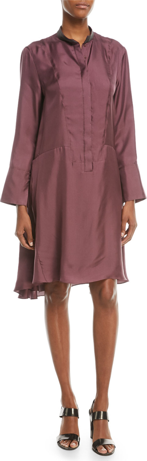 Brunello Cucinelli Long-Sleeve Silk A-Line Dress w/ Monili Mandarin Collar