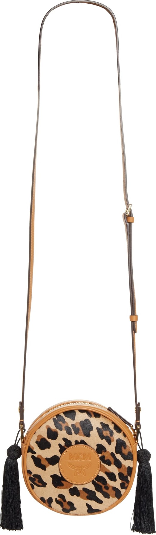 MCM Small Leopard Tambourine Calf Hair Crossbody Bag