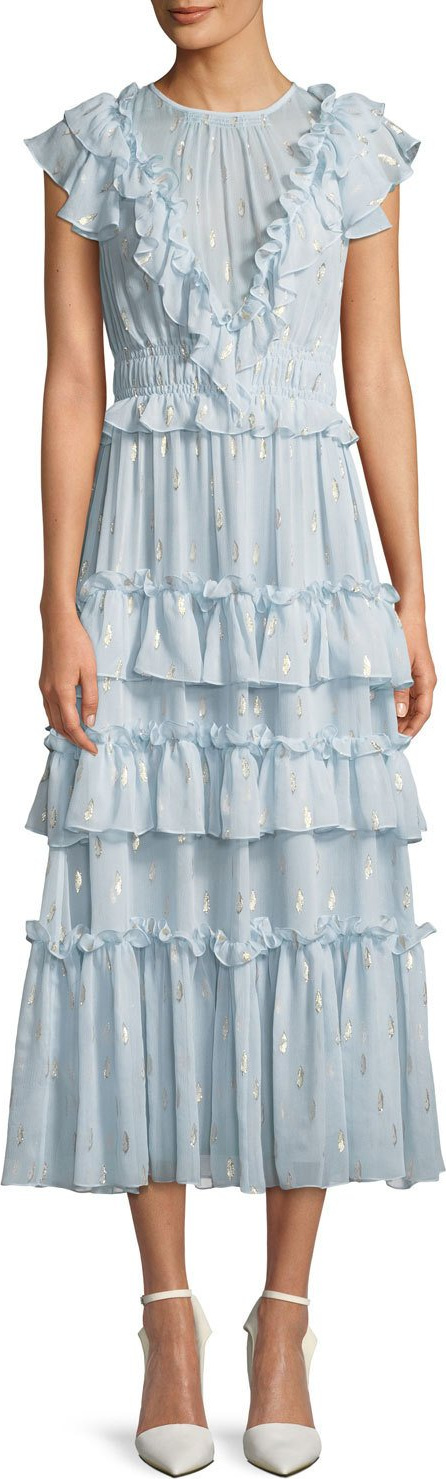 Rebecca Taylor Metallic Clip Silk Ruffle Midi Dress