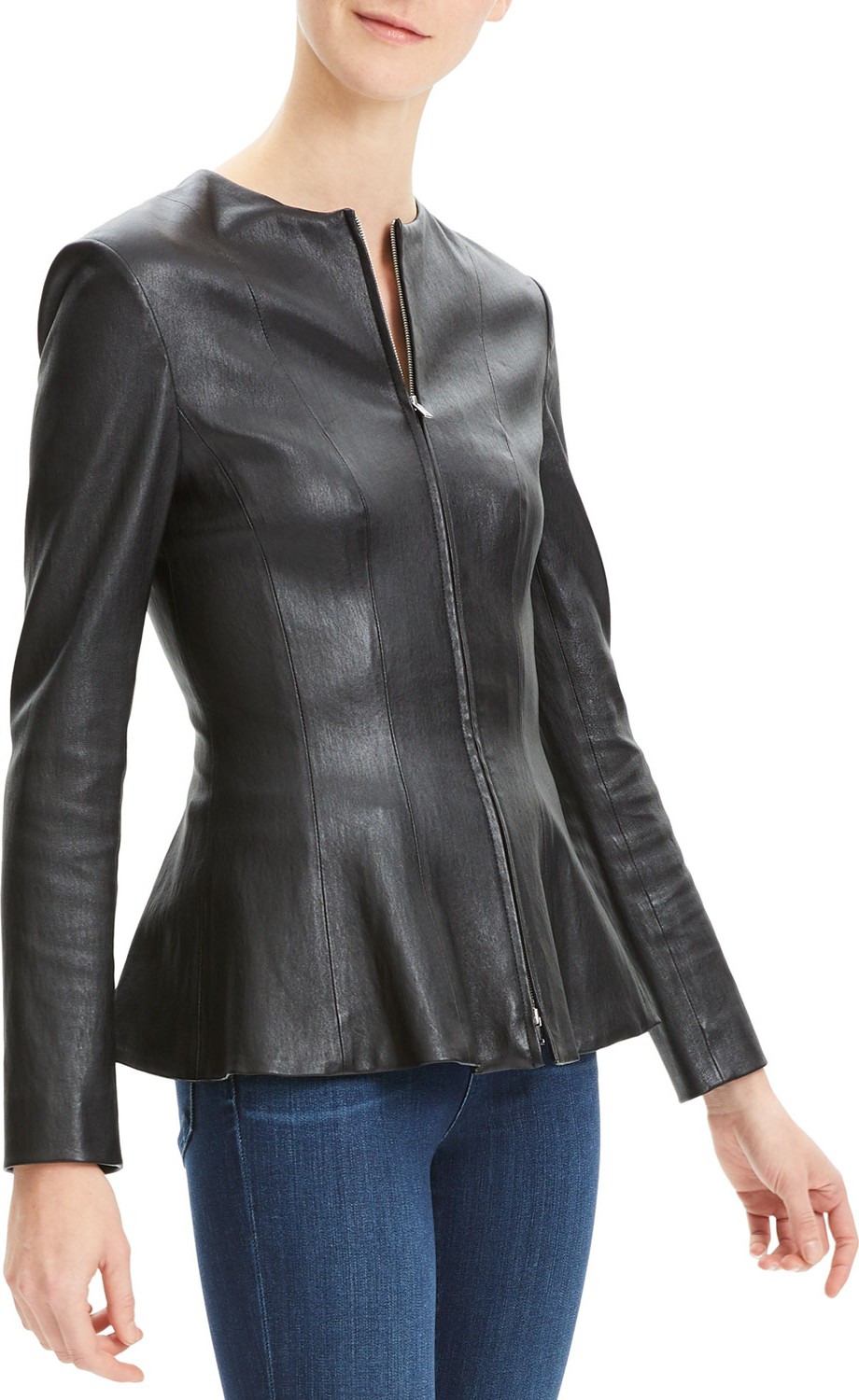 Theory Movement Fitted Zip-Front Leather Peplum Jacket