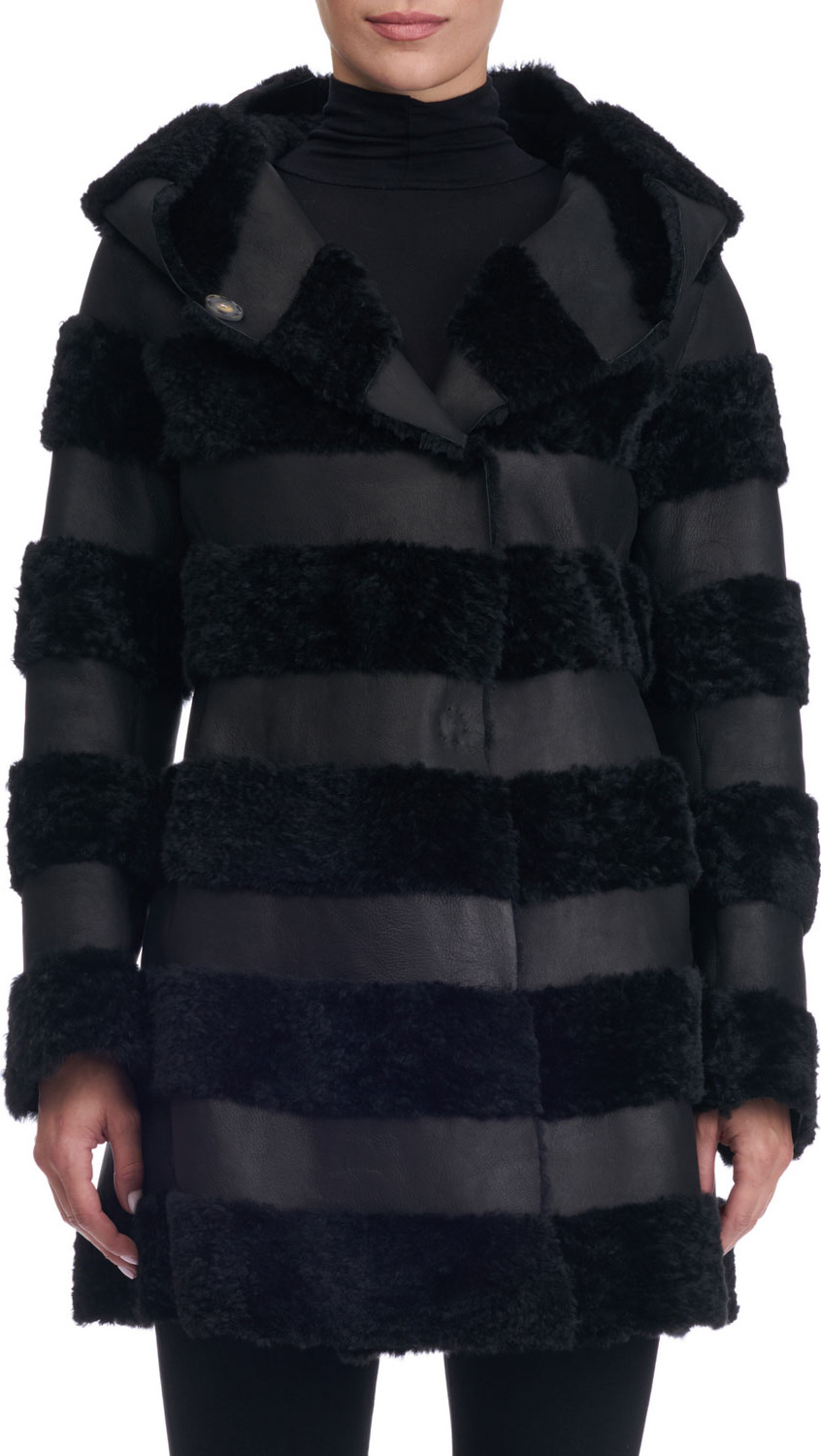 Christia Hooded Leather Jacket with Fur Stripes
