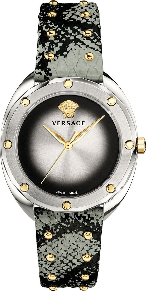 Versace 38mm Shadov Leather Watch, Silver/Gold