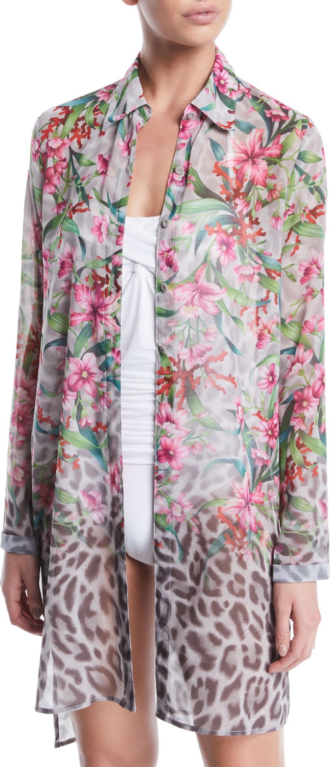 Carmen Marc Valvo Ombre Floral/Leopard Sheer Button-Down Coverup Shirt