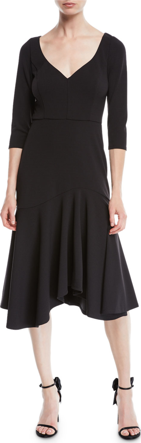 HALSTON HERITAGE V-Neck Midi Dress w/ Flounce Skirt