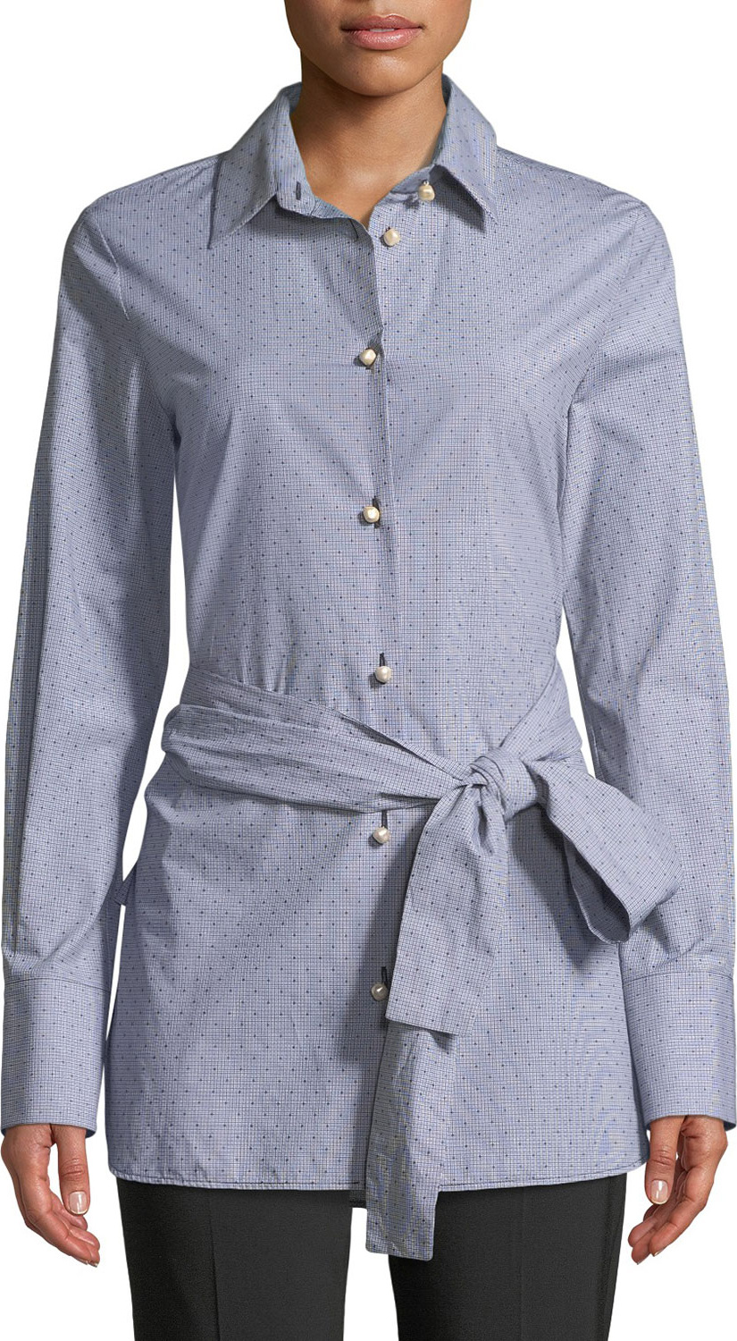 Piazza Sempione Long-Sleeve Tie-Waist Cotton Dobby Shirt with Faux-Pearl Buttons