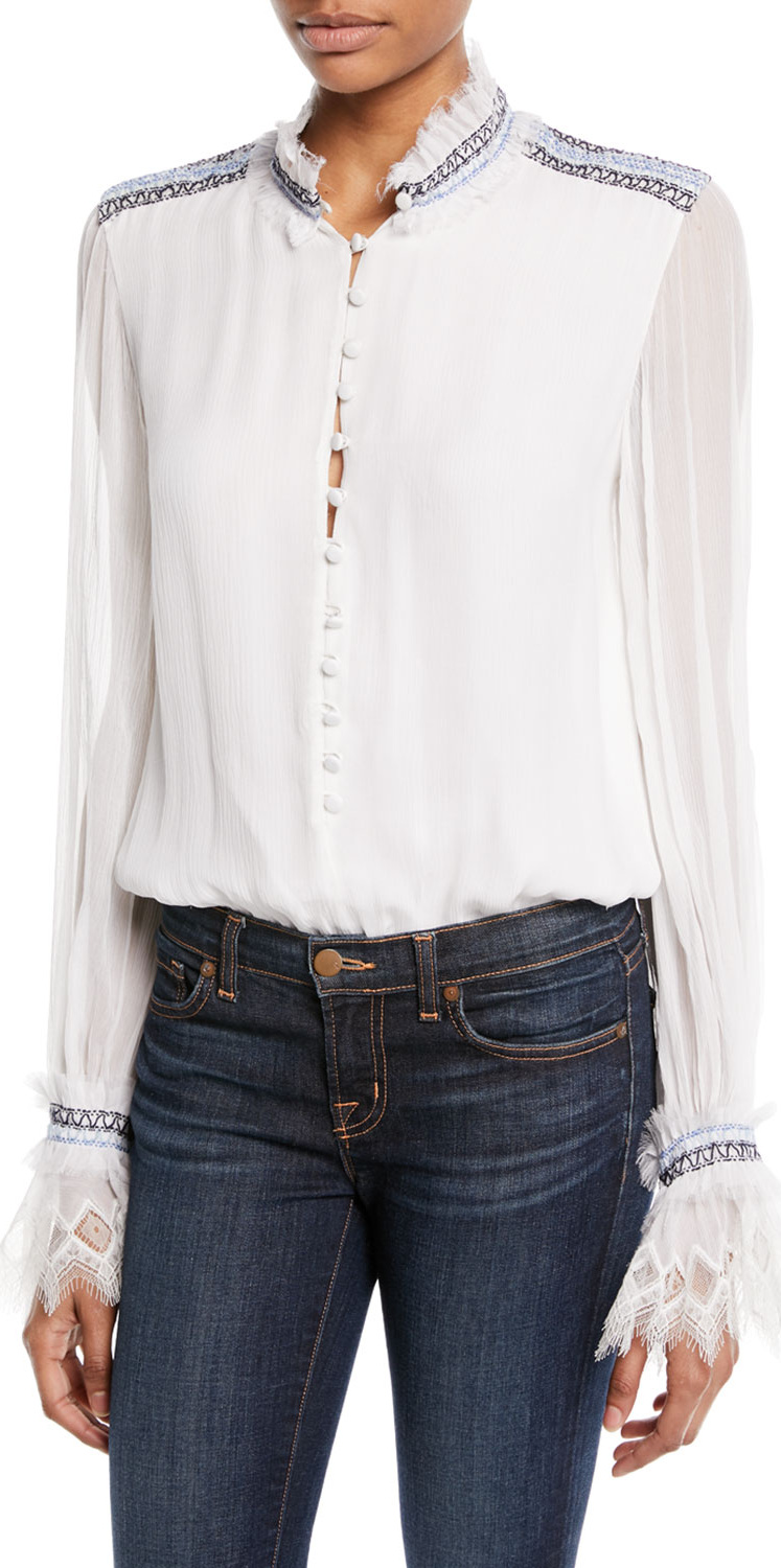 Jonathan Simkhai Smocked Silk Button-Front Bodysuit with Lace Jonathan Simkhai Smocked Silk Button-Front Bodysuit with Lace