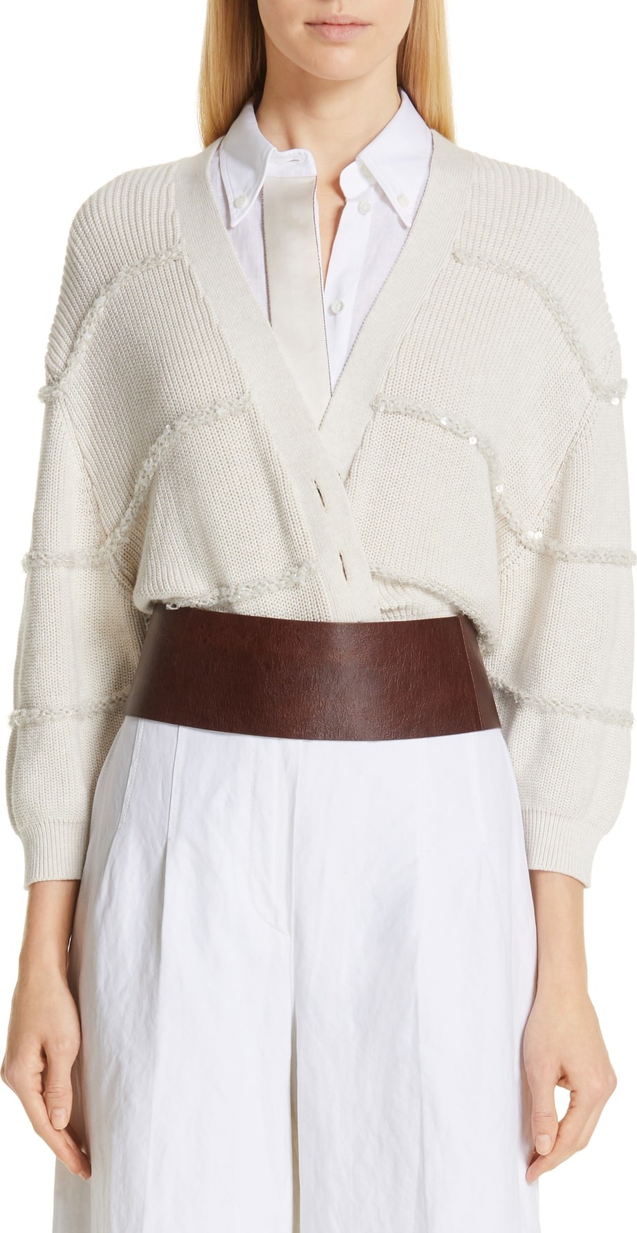 Brunello Cucinelli Textured Sequin Stripe Crop Cardigan