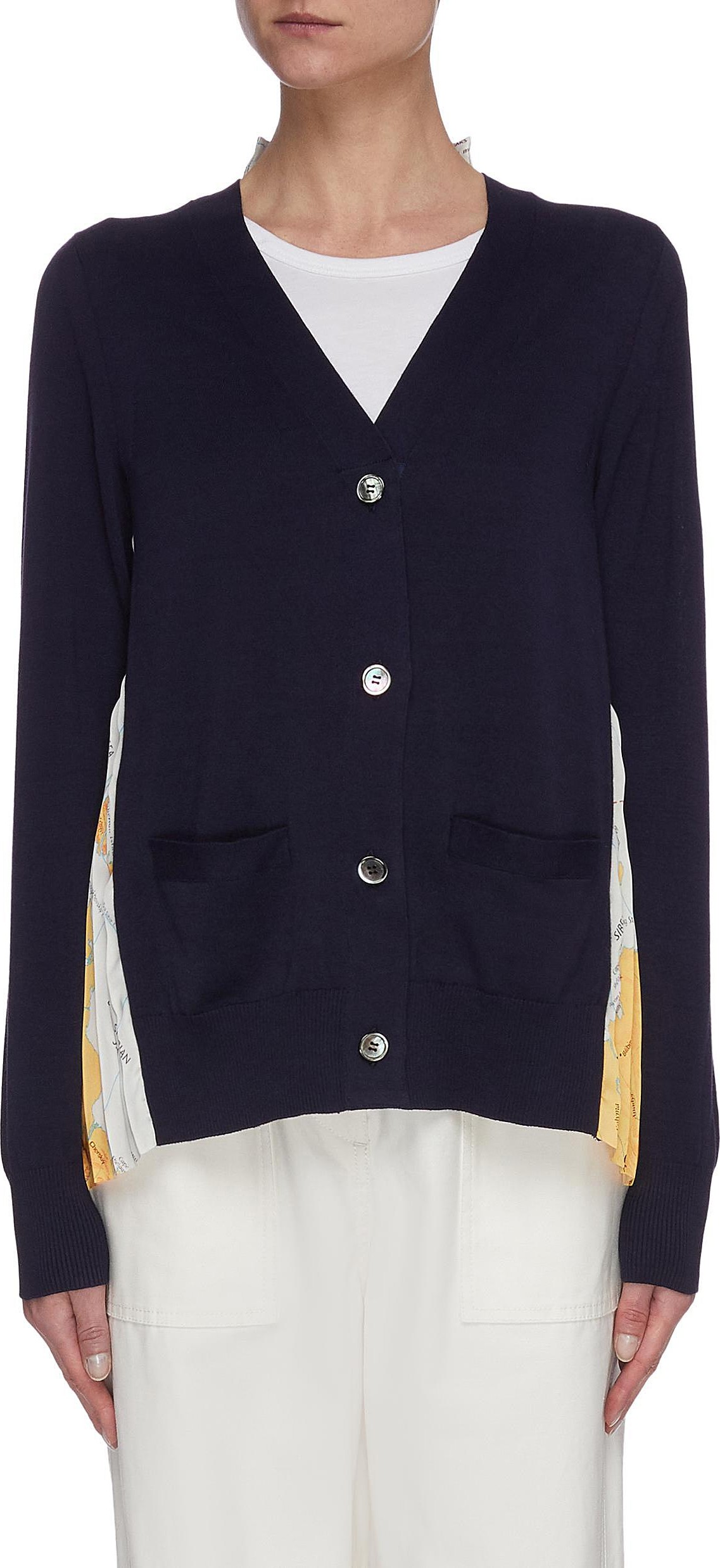 Sacai World map print pleated back knit cardigan