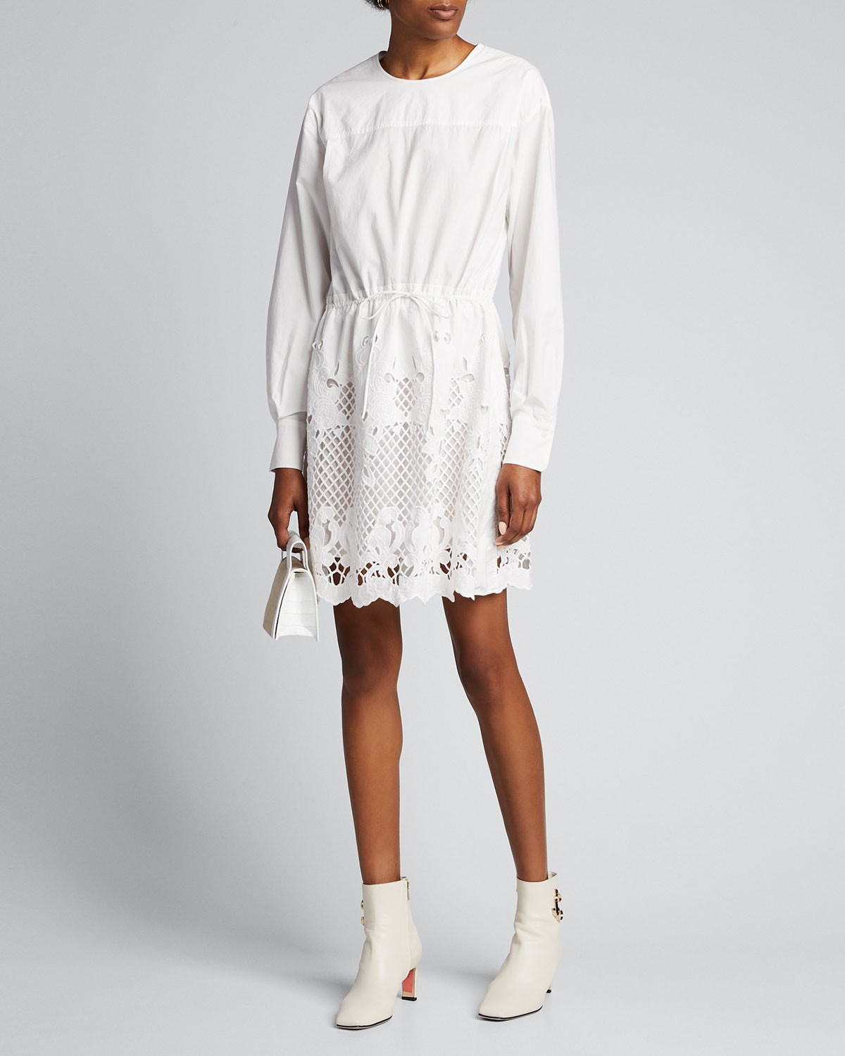 See By Chloé Crewneck Poplin Dress w/ Lace Inset