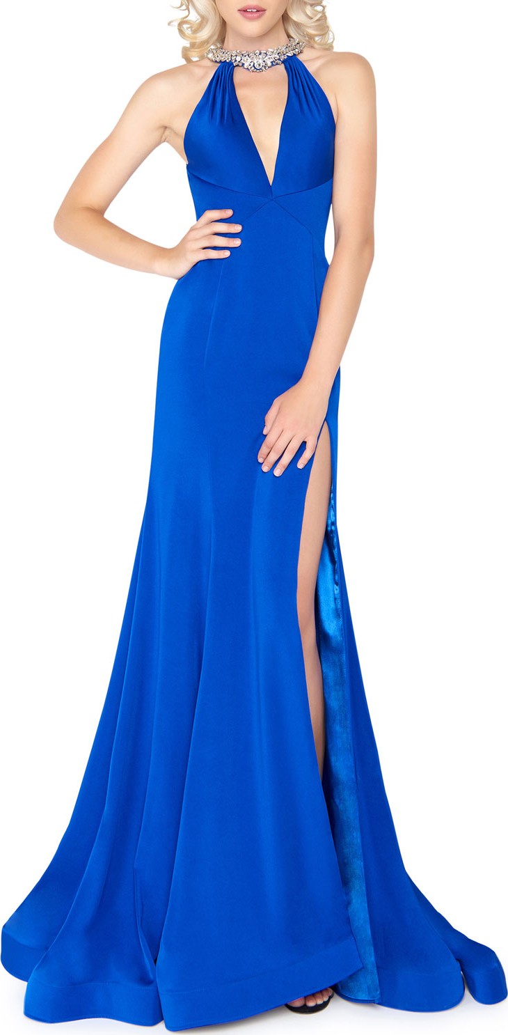 Mac Duggal Embellished Halter-Neck Keyhole Gown with High Slit