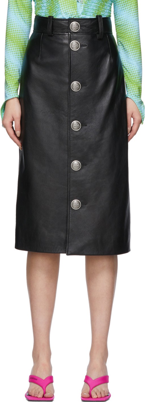 Balenciaga Black Leather Button-Down Skirt