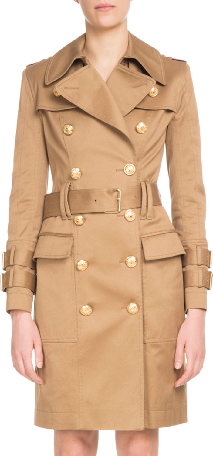 Balmain Double-Breasted Golden-Button Belted Trench Coat