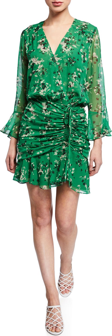 Veronica Beard Sean Floral-Print Ruched Flounce Dress