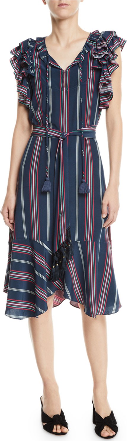 FIGUE Tessa Flutter-Trim Striped Midi Dress