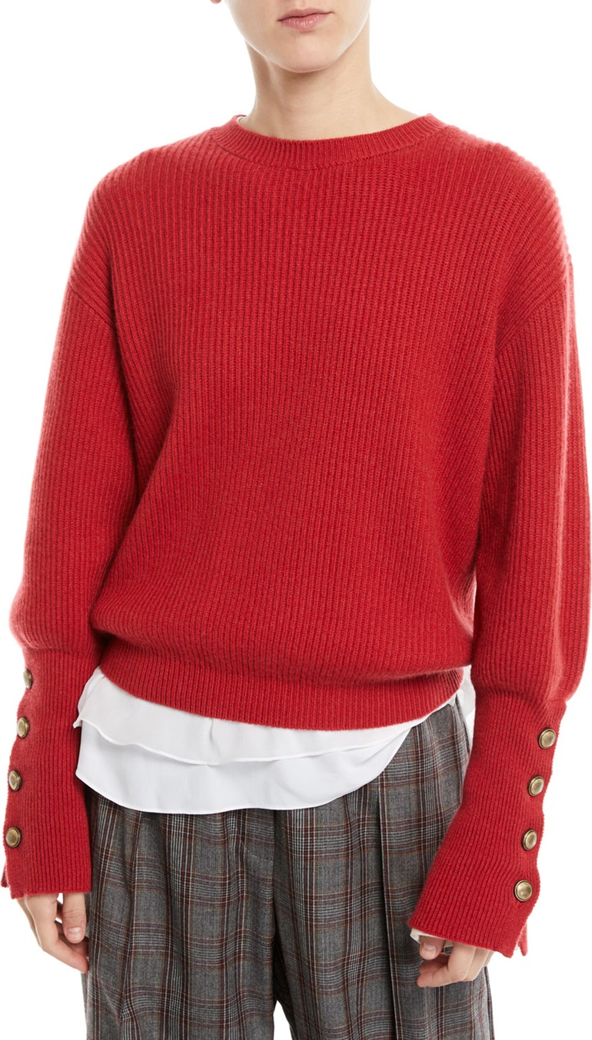 Brunello Cucinelli Crewneck Ribbed Cashmere Pullover Sweater w/ Brass Buttons