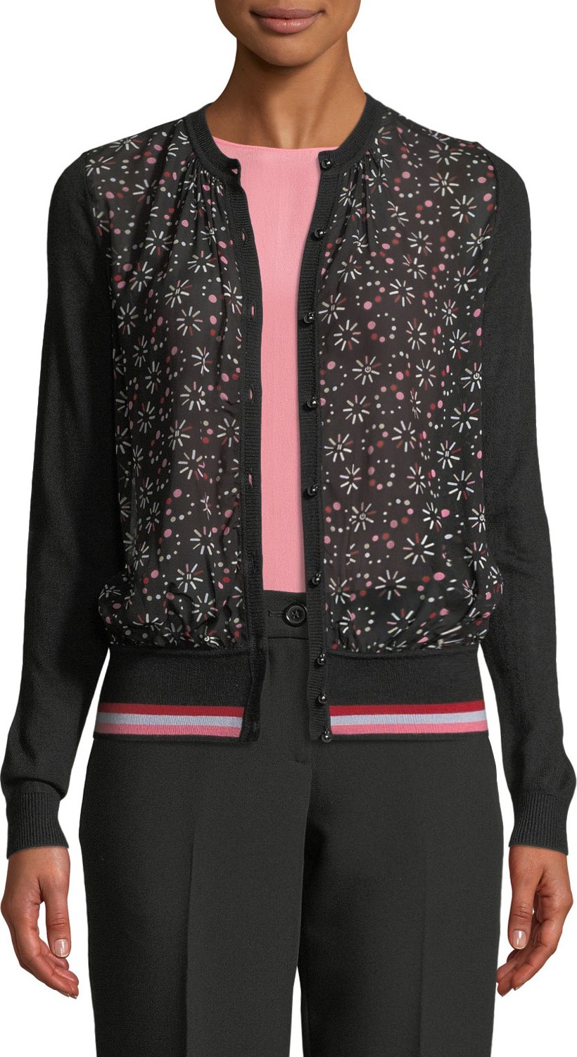 Emporio Armani Knit Cardigan w/ Stargazer-Print Silk Front Panel