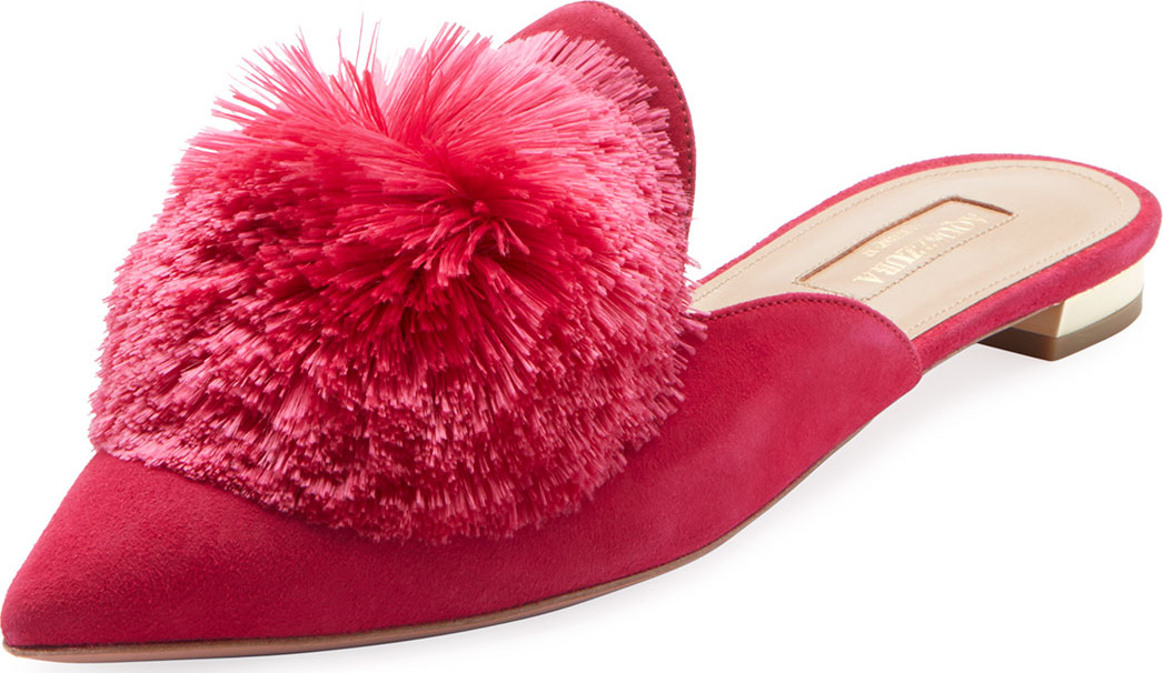 Aquazzura Powder Puff Pompom Suede Mule Flat