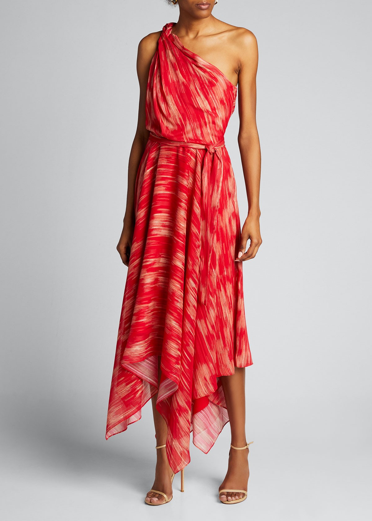 Halston Braided Strap One-Shoulder Georgette Handkerchief Gown