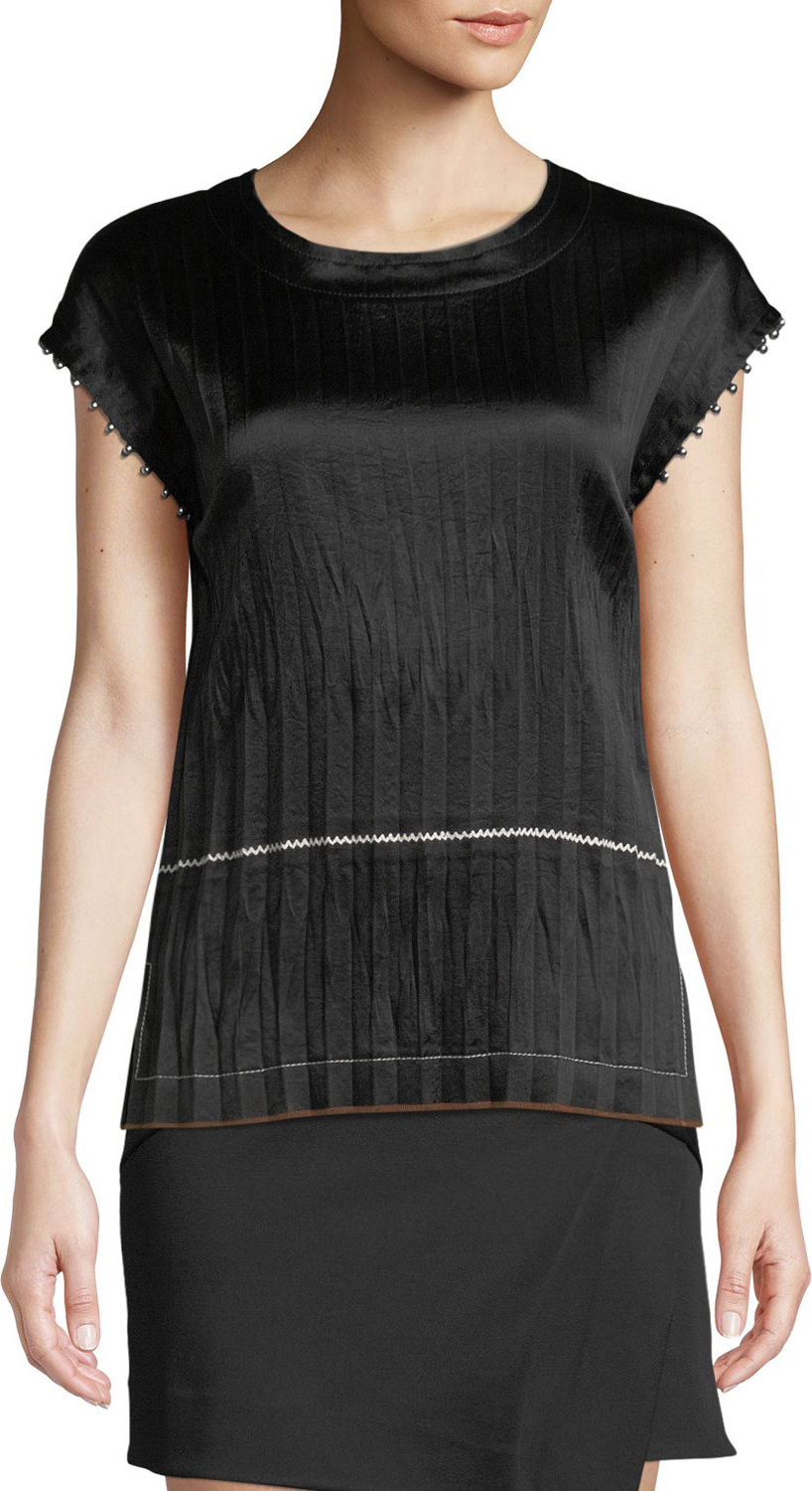 Helmut Lang Crinkle Pleated Crewneck Satin Top