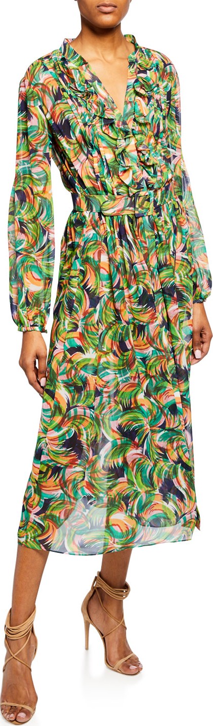 Saloni Silk Georgette Belted Ruffle Midi Dress