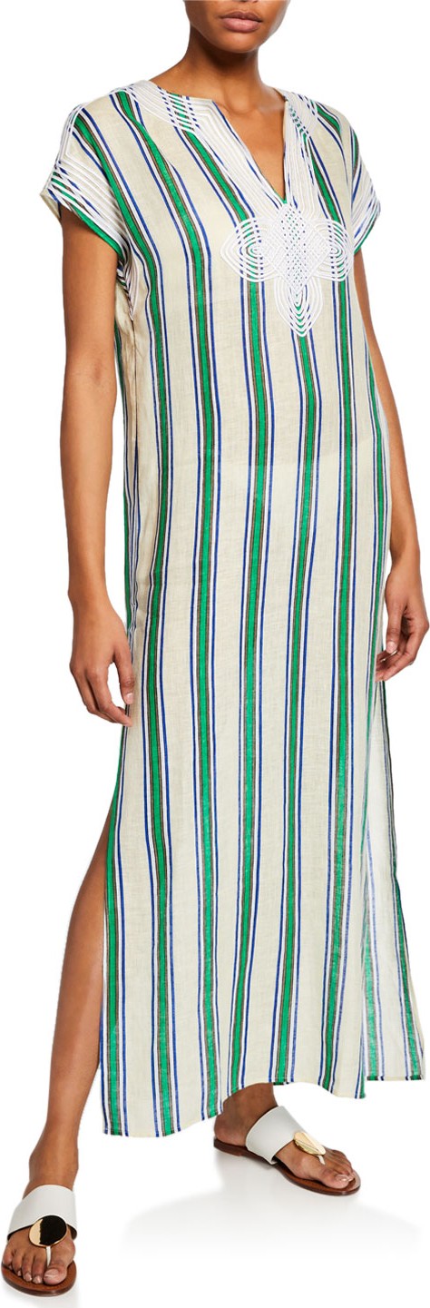 Tory Burch Awning Stripe Short-Sleeve Long Caftan