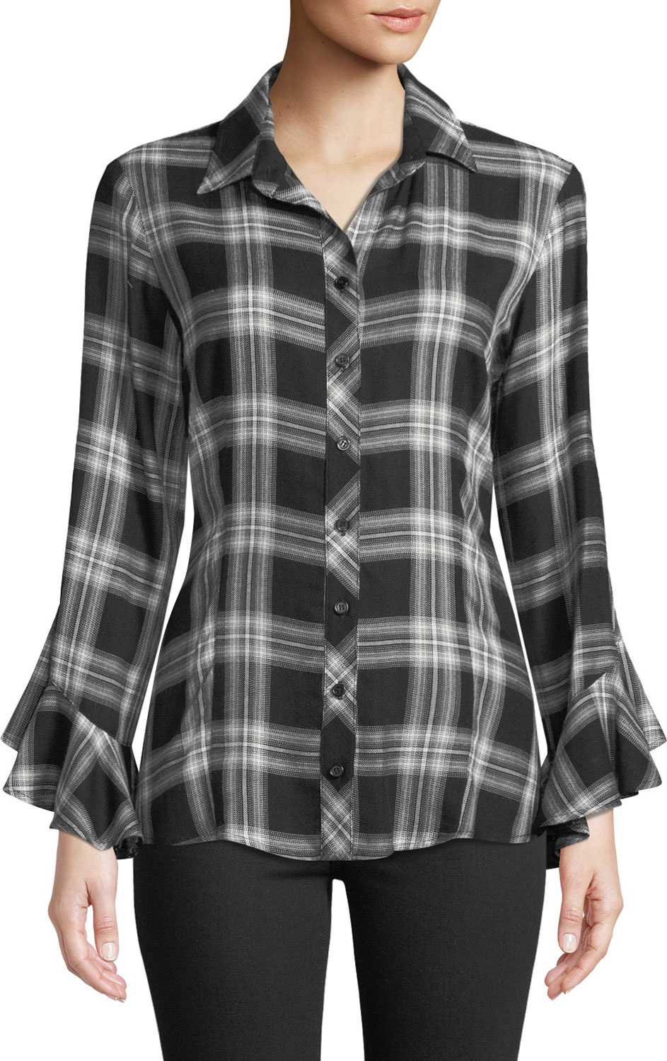 Finley Carmella Ruffle-Sleeve Button-Front Plaid Blouse