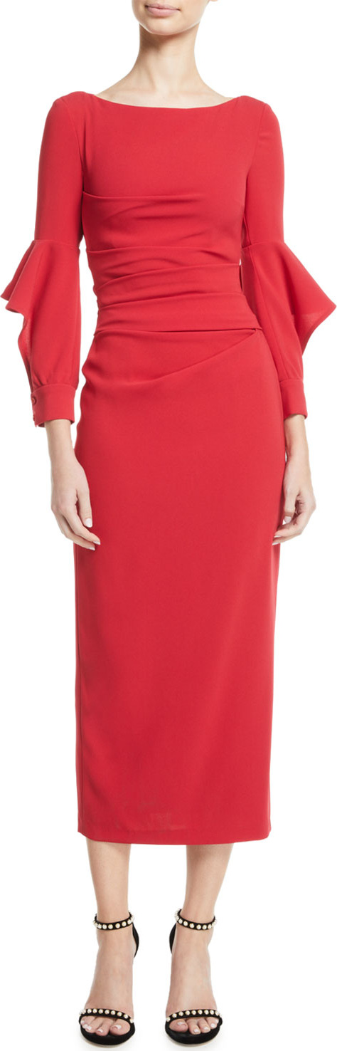 Talbot Runhof Rodano Long Ruffle-Sleeve Ruched Stretch-Jersey Calf-Length Dress