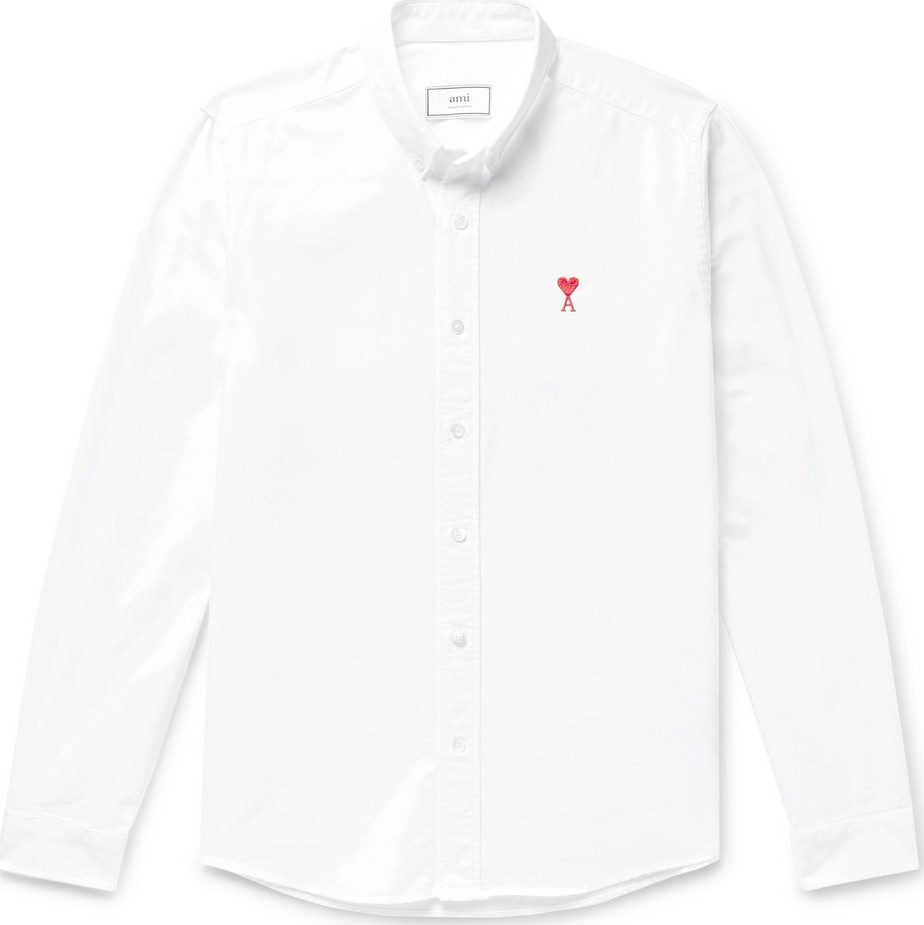 AMI Slim-Fit Button-Down Collar Logo-Embroidered Cotton Oxford Shirt
