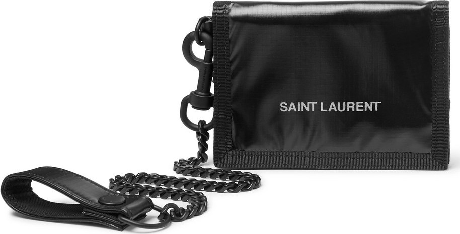 Saint Laurent Chain-Embellished Logo-Print Glossed Nylon-Ripstop Trifold Wallet