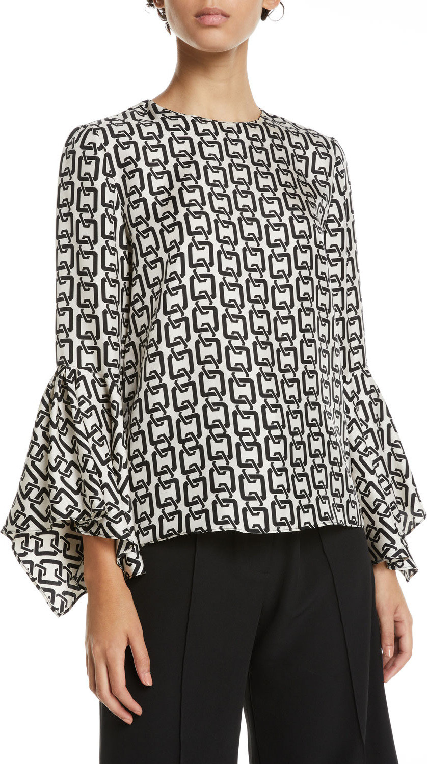 MILLY Holly Bell-Sleeve Chain-Print Twill Top