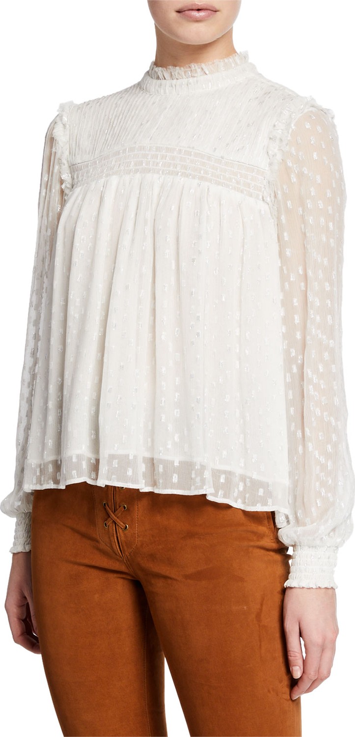 FRAME DENIM Smocked High-Neck Metallic Long-Sleeve Top
