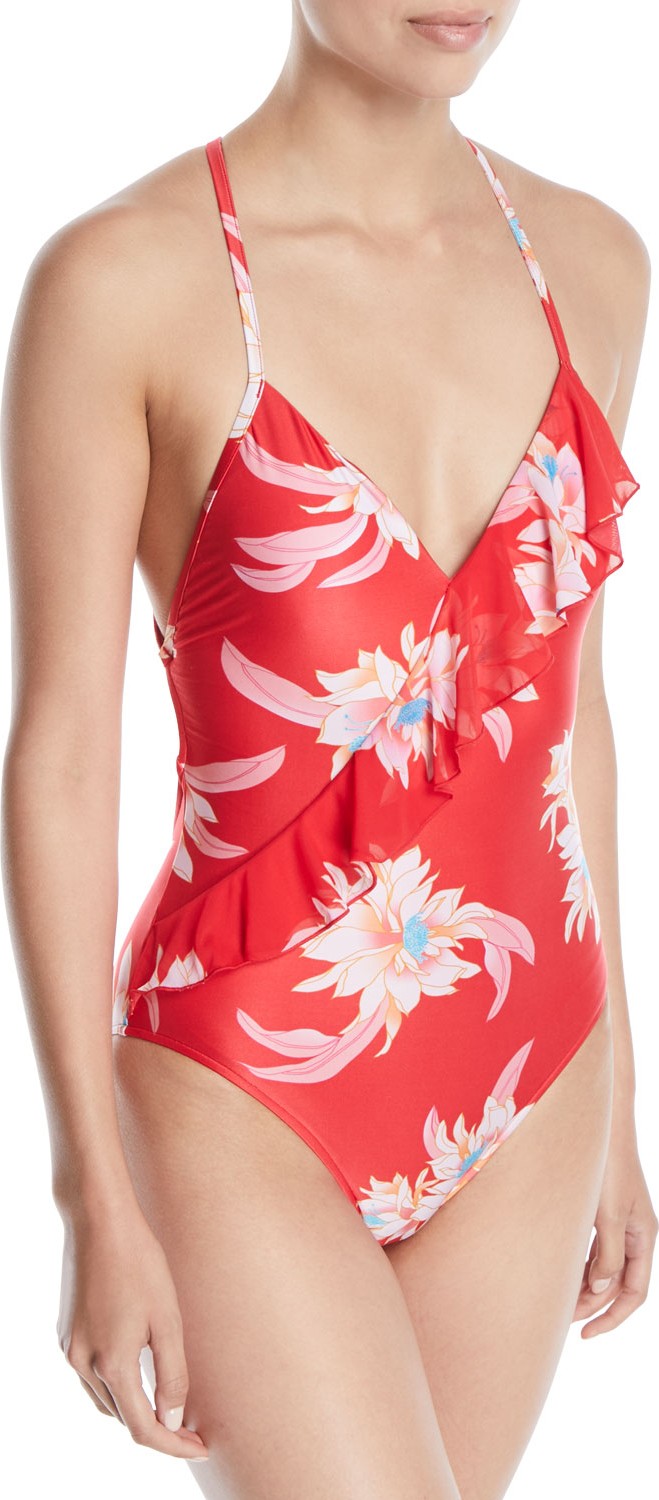Seafolly Desert Flower Cross-Back Ruffle One-Piece Swimsuit