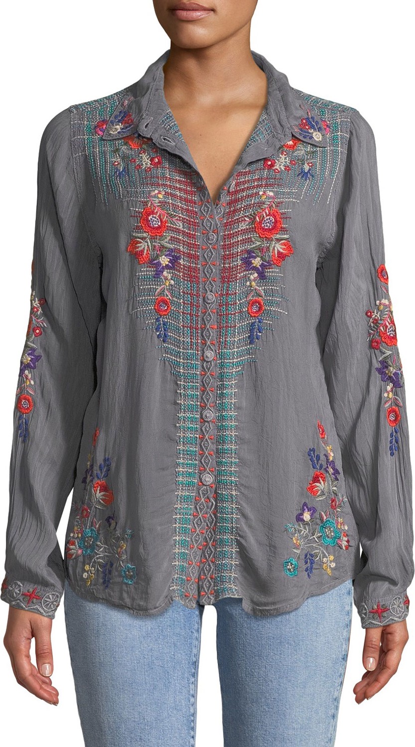 Johnny Was Long-Sleeve Plaid-Embroidered Button-Front Top