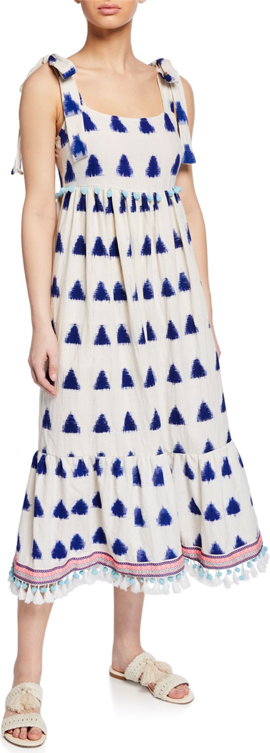 Tessora Mona Ikat Shoulder-Tie Midi Dress w/ Tassels