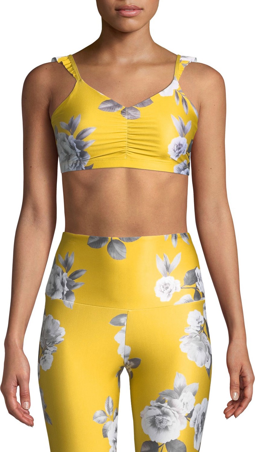 ONZIE La Femme Ruffle-Strap Cinched Floral Sports Bra