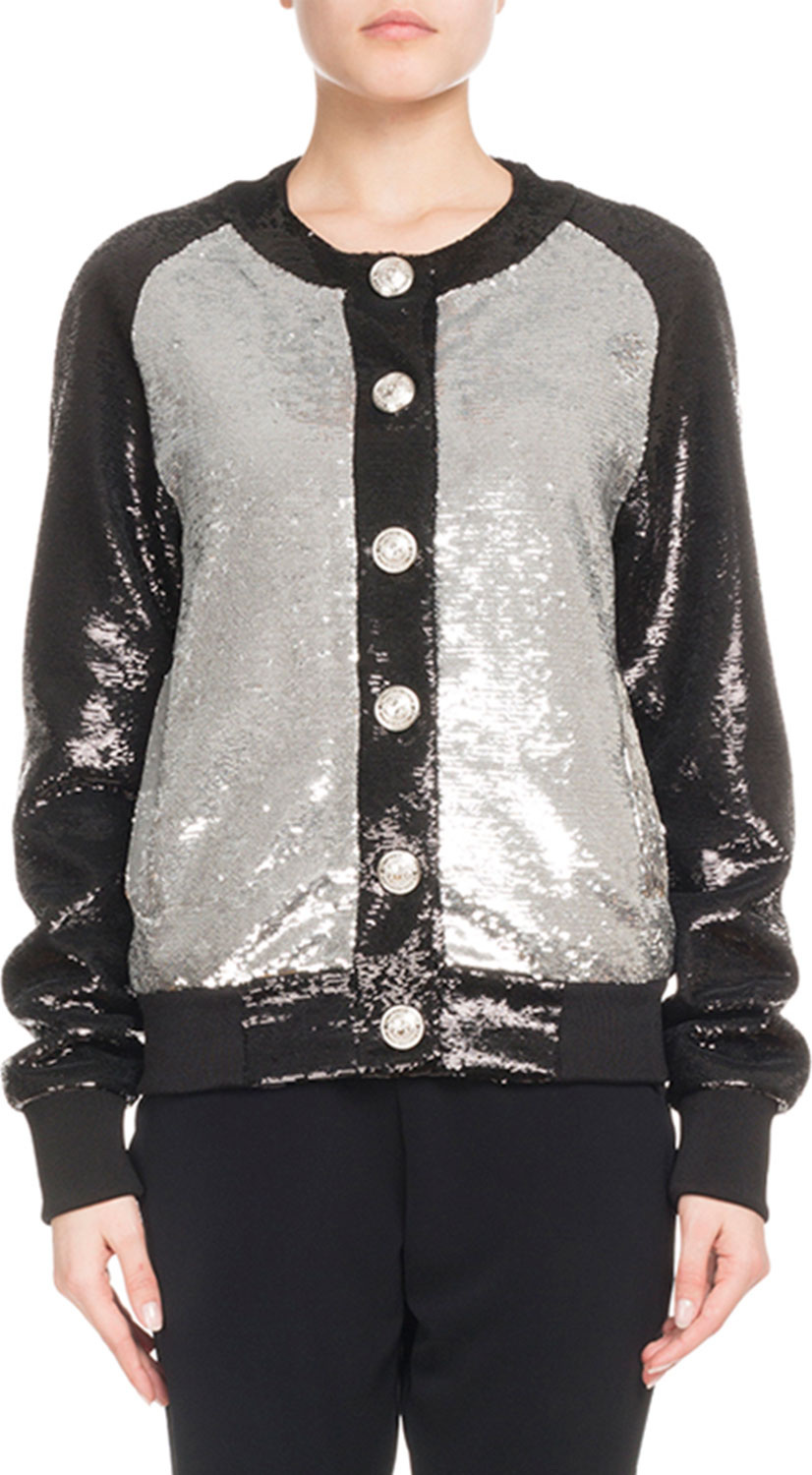 Balmain Button-Front Bicolor Paillette Sequin Baseball Jacket